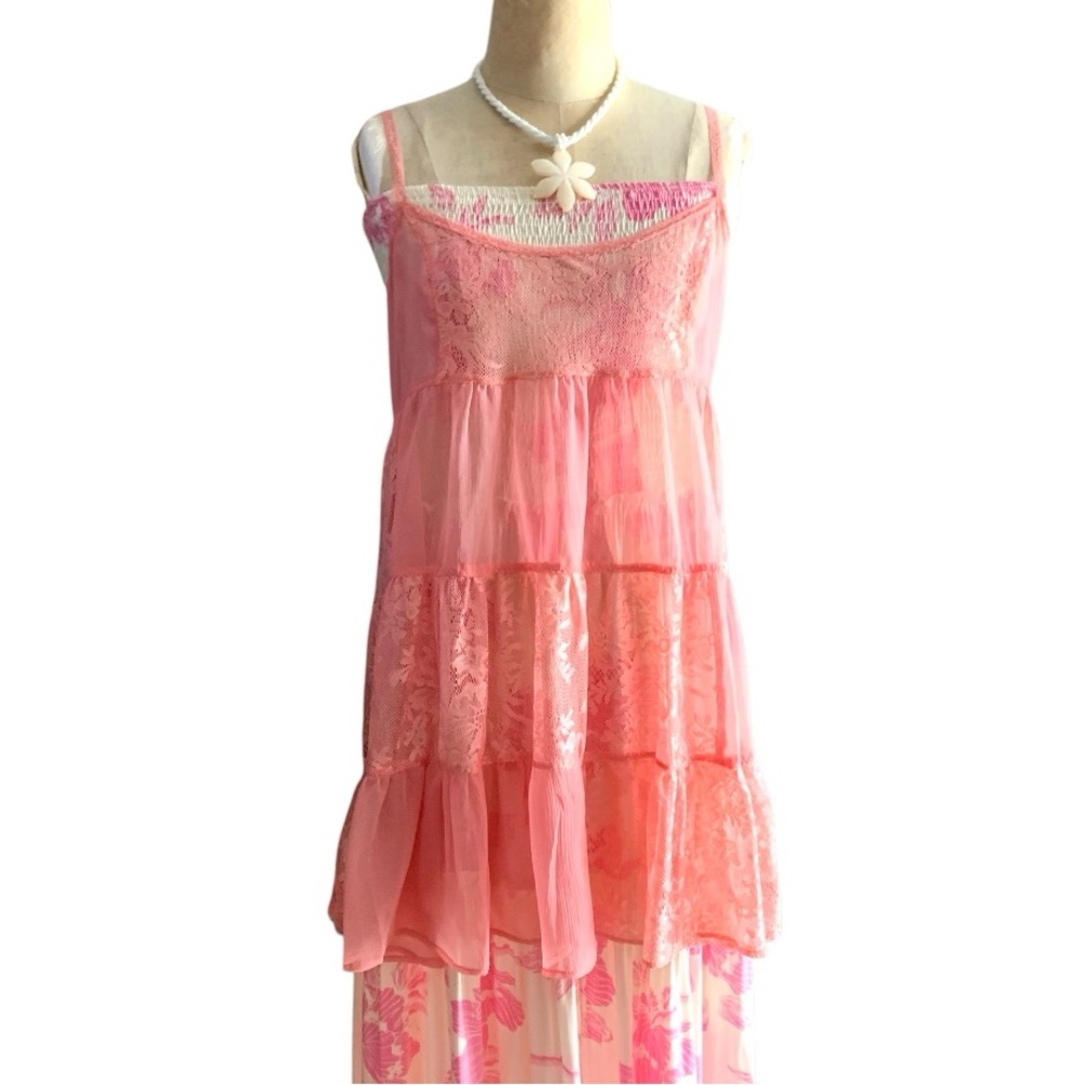 Free People Intimately tiered chiffon and lace pink babydoll slip dress- XS - Picture 11 of 11